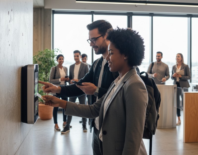 Trabajadores fichando